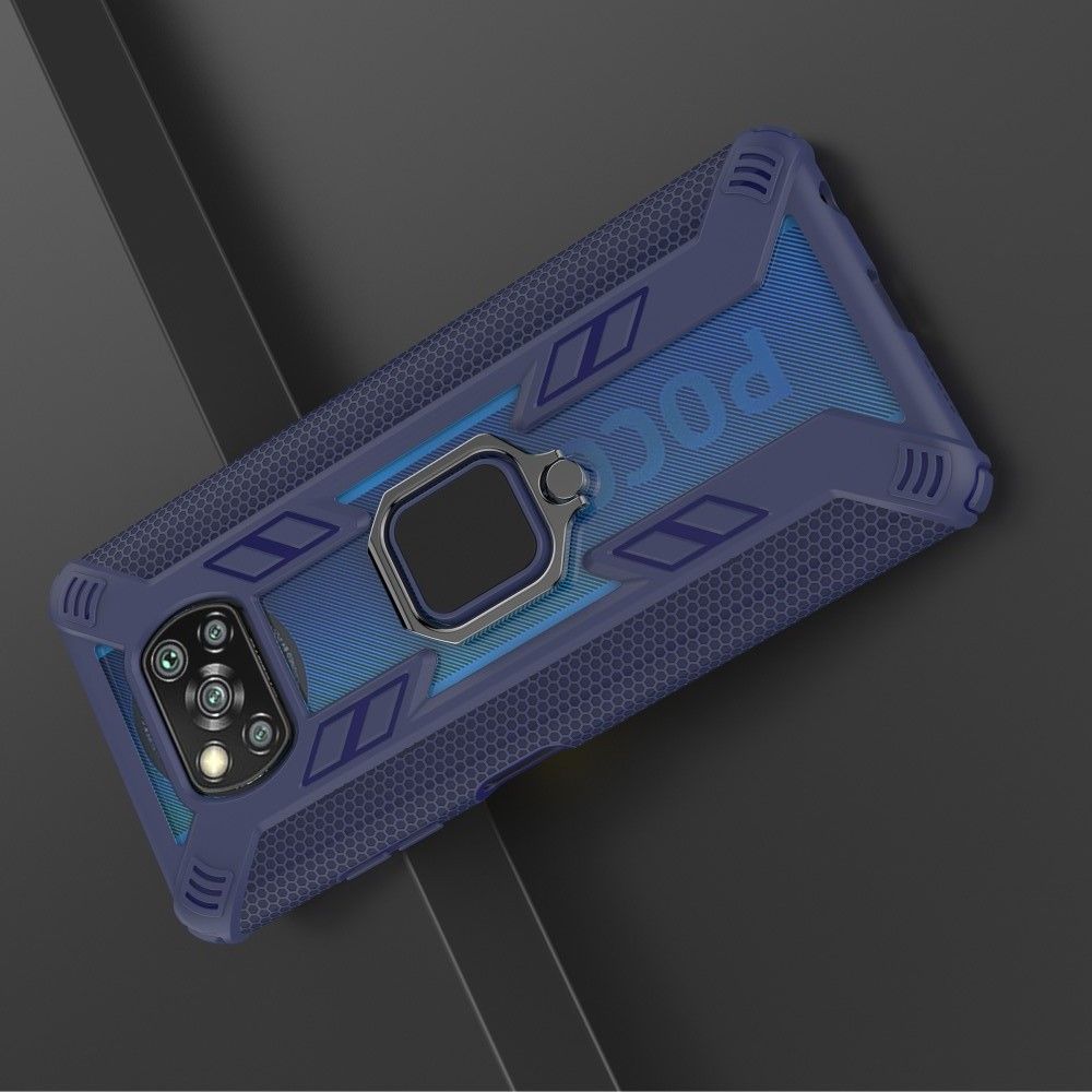 Двухслойный гибридный противоударный чехол с кольцом для пальца подставкой для Xiaomi Poco X3 NFC Синий