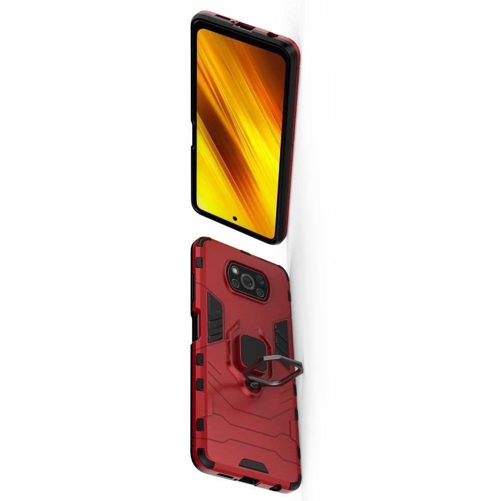 Двухслойный гибридный противоударный чехол с кольцом для пальца подставкой для Xiaomi Poco X3 NFC / X3 NFC Красный