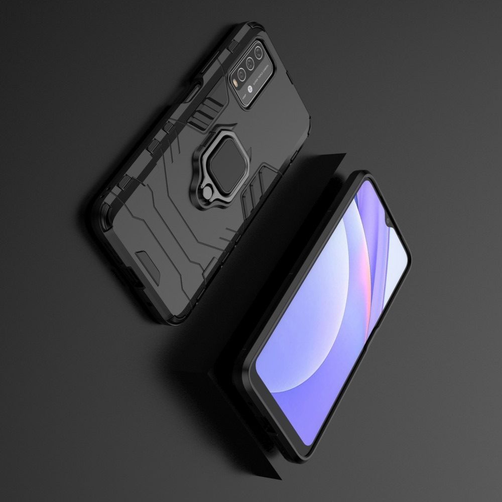 Двухслойный гибридный противоударный чехол с кольцом для пальца подставкой для Xiaomi Redmi 9T Черный