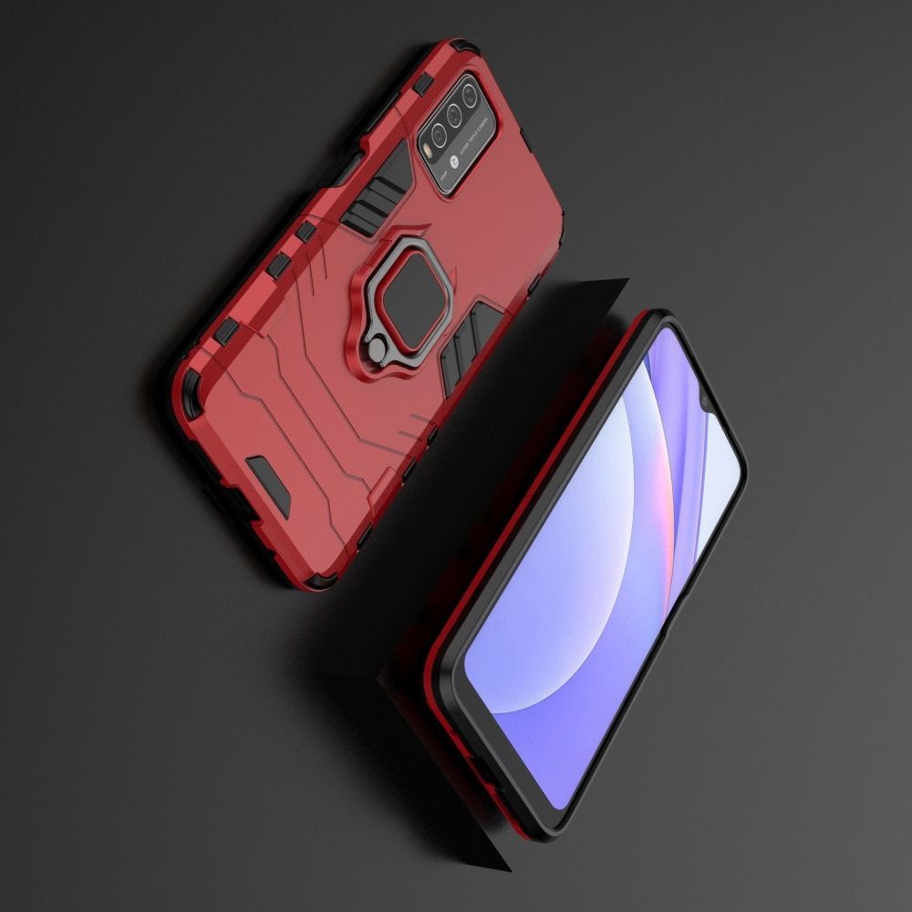 Двухслойный гибридный противоударный чехол с кольцом для пальца подставкой для Xiaomi Redmi 9T Красный