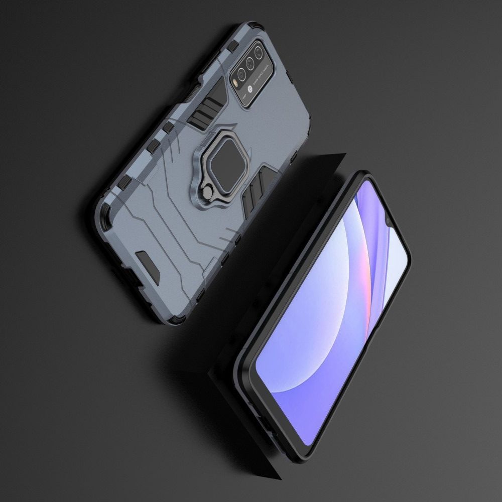 Двухслойный гибридный противоударный чехол с кольцом для пальца подставкой для Xiaomi Redmi 9T Синий