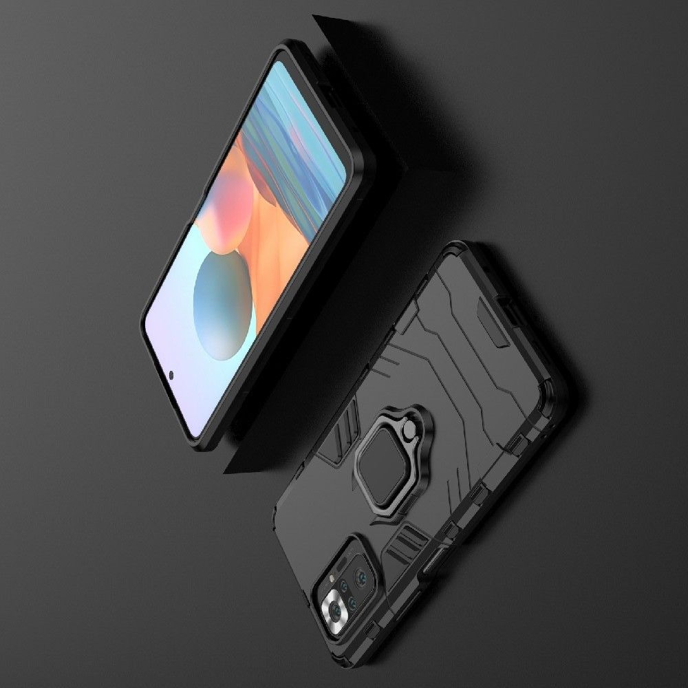 Двухслойный гибридный противоударный чехол с кольцом для пальца подставкой для Xiaomi Redmi Note 10 Pro Черный
