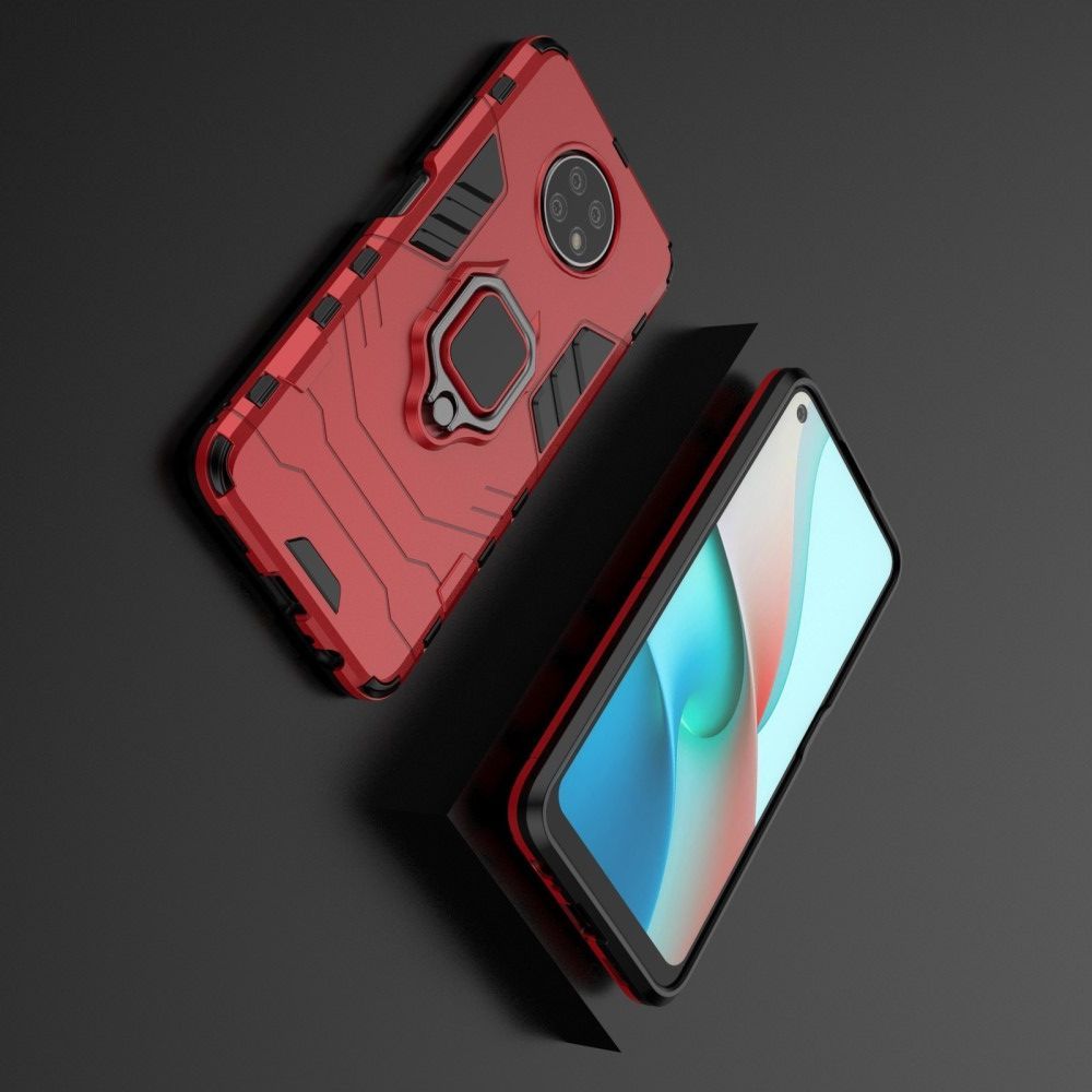 Двухслойный гибридный противоударный чехол с кольцом для пальца подставкой для Xiaomi Redmi Note 9T Красный
