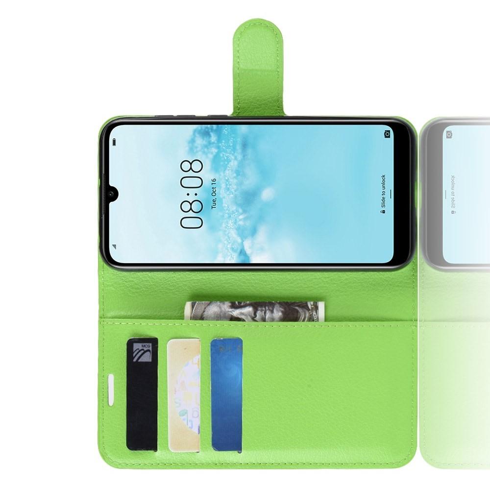 Флип чехол книжка с кошельком подставкой отделениями для карт и магнитной застежкой для Huawei Honor 8S / Y5 2019 Зеленый