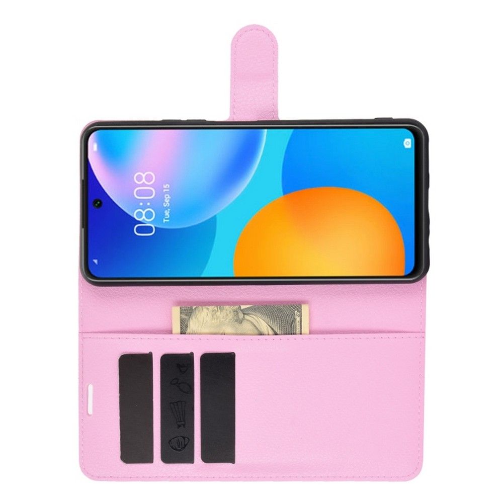 Флип чехол книжка с кошельком подставкой отделениями для карт и магнитной застежкой для Huawei P Smart 2021 Розовый цвет