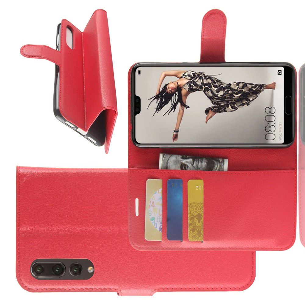 Флип чехол книжка с кошельком подставкой отделениями для карт и магнитной застежкой для Huawei P20 Pro Красный