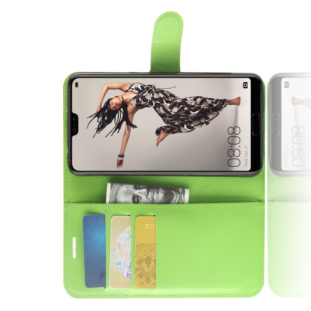Флип чехол книжка с кошельком подставкой отделениями для карт и магнитной застежкой для Huawei P20 Pro Зеленый
