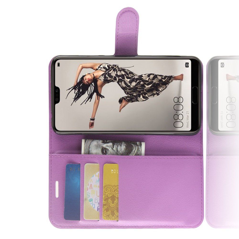 Флип чехол книжка с кошельком подставкой отделениями для карт и магнитной застежкой для Huawei P20 Pro Фиолетовый