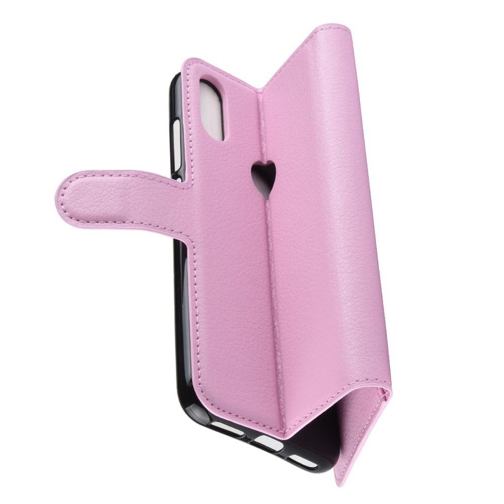 Флип чехол книжка с кошельком подставкой отделениями для карт и магнитной застежкой для Huawei Y7 2019 Розовый
