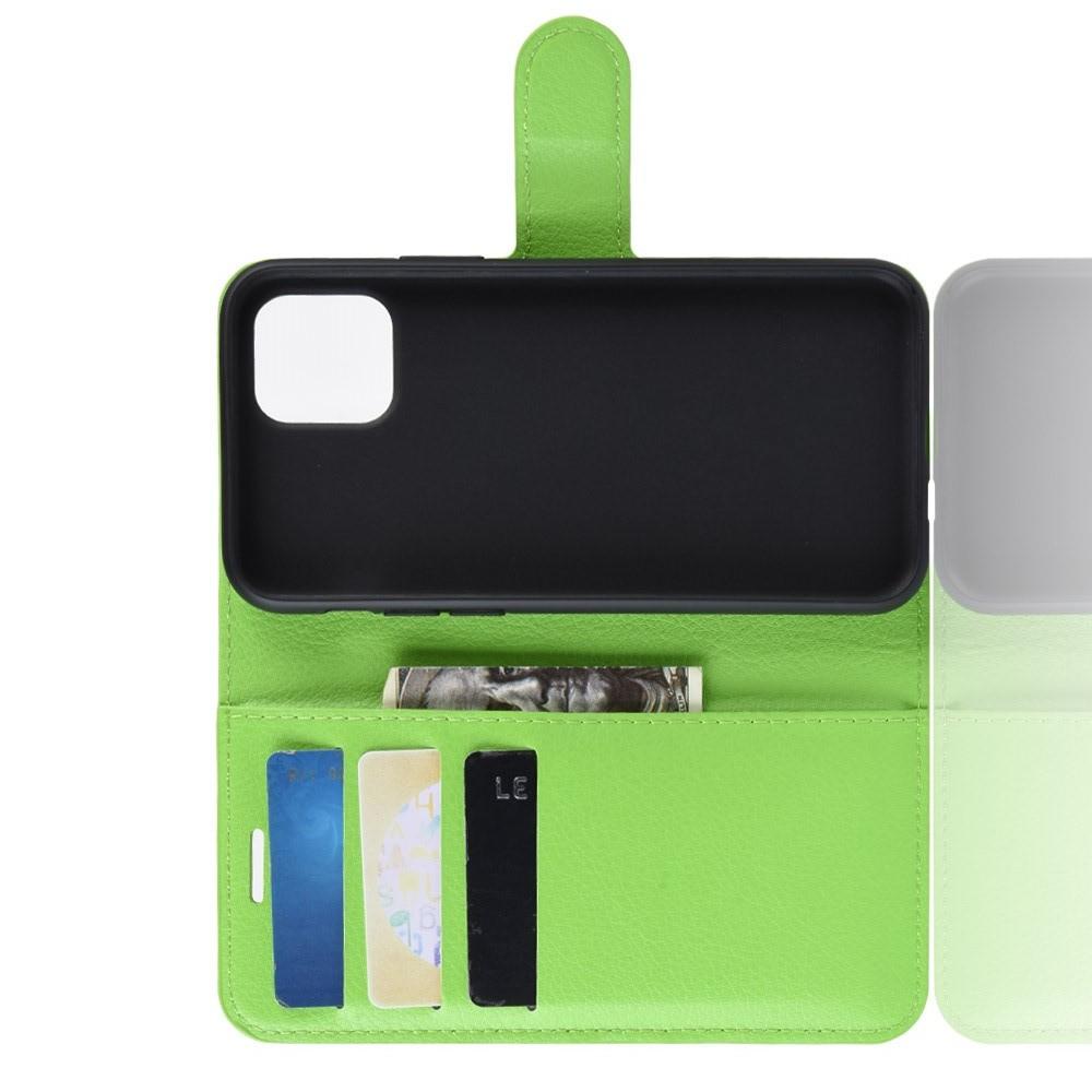 Флип чехол книжка с кошельком подставкой отделениями для карт и магнитной застежкой для iPhone 11 Зеленый