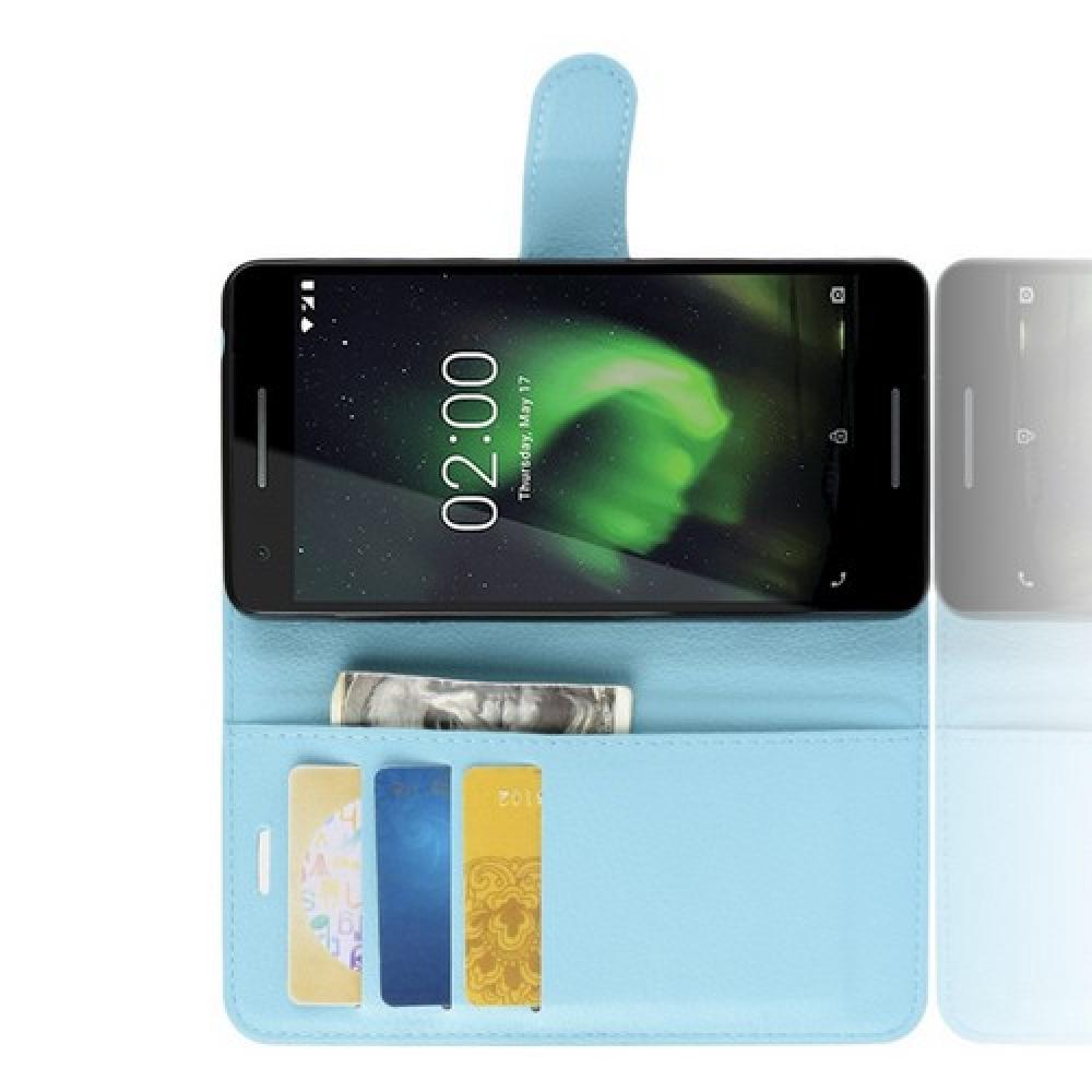 Флип чехол книжка с кошельком подставкой отделениями для карт и магнитной застежкой для Nokia 2.1 2018 Голубой