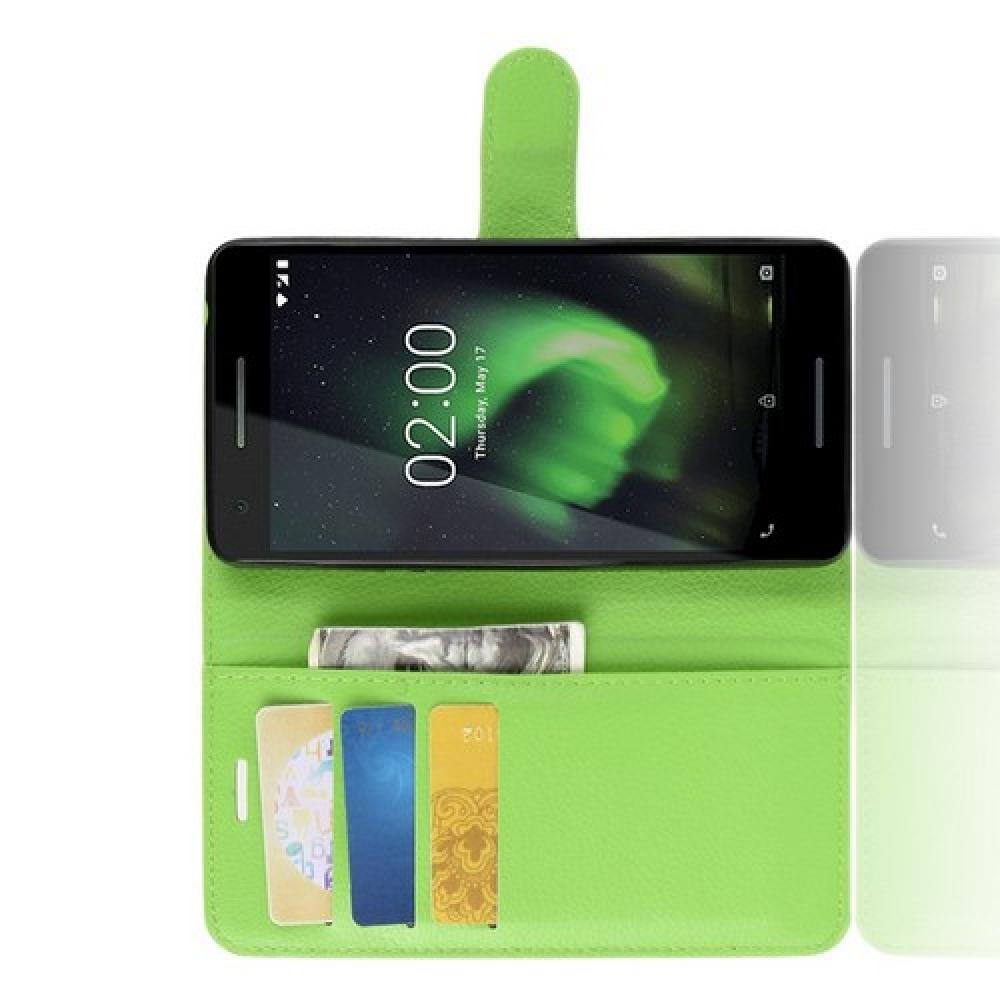 Флип чехол книжка с кошельком подставкой отделениями для карт и магнитной застежкой для Nokia 2.1 2018 Зеленый