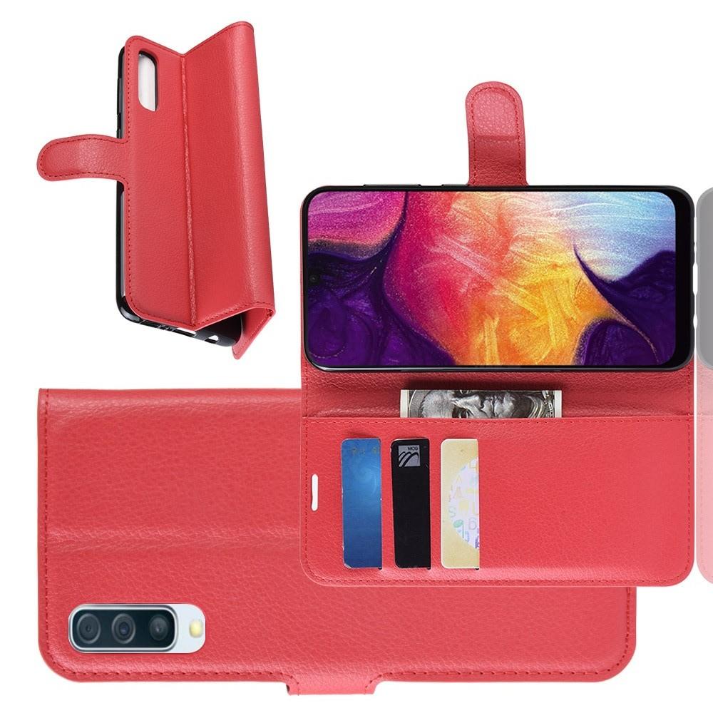 Флип чехол книжка с кошельком подставкой отделениями для карт и магнитной застежкой для Samsung Galaxy A50 Красный