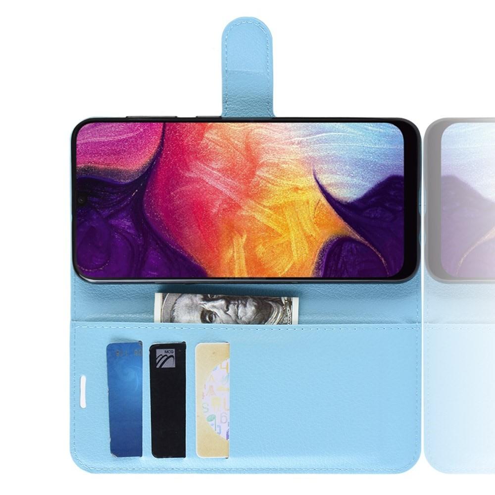 Флип чехол книжка с кошельком подставкой отделениями для карт и магнитной застежкой для Samsung Galaxy A50 Голубой
