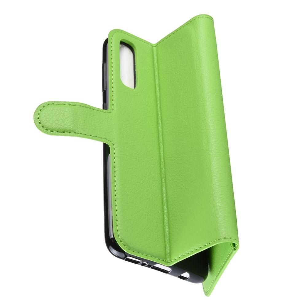 Флип чехол книжка с кошельком подставкой отделениями для карт и магнитной застежкой для Samsung Galaxy A50 Зеленый