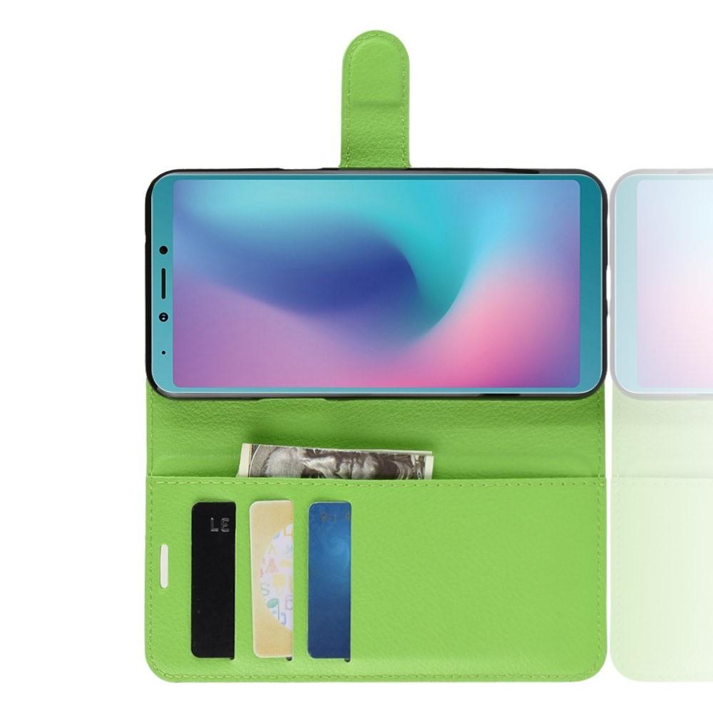 Флип чехол книжка с кошельком подставкой отделениями для карт и магнитной застежкой для Samsung Galaxy A6s Зеленый