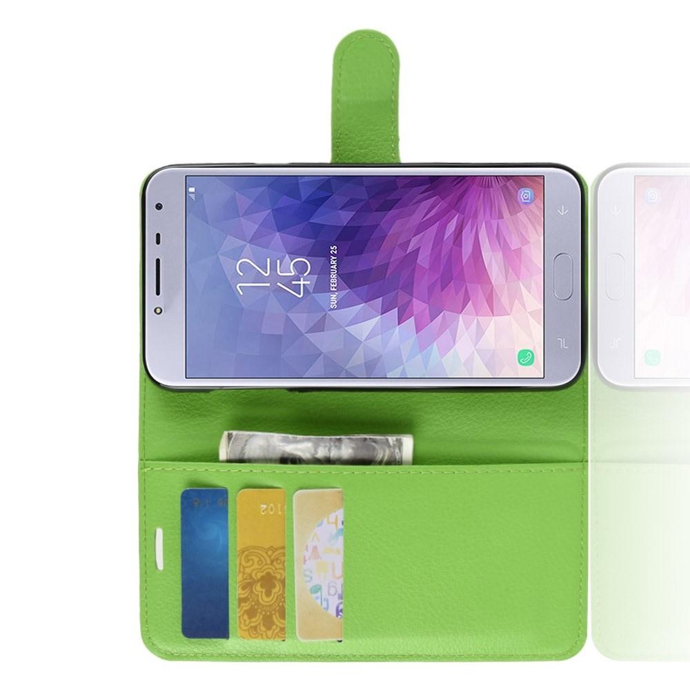 Флип чехол книжка с кошельком подставкой отделениями для карт и магнитной застежкой для Samsung Galaxy J4 2018 SM-J400 Зеленый