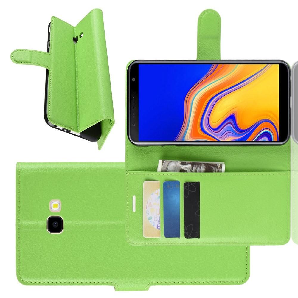 Флип чехол книжка с кошельком подставкой отделениями для карт и магнитной застежкой для Samsung Galaxy J4 Plus SM-J415 Зеленый