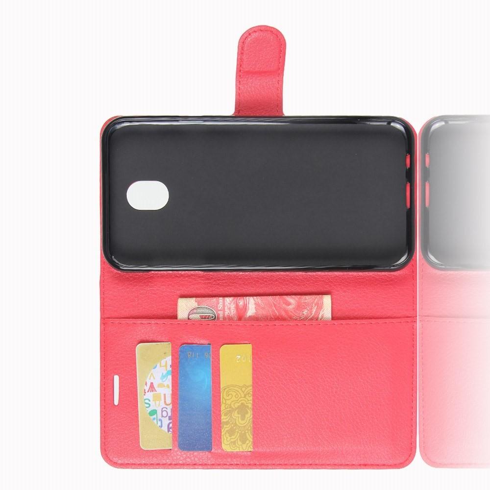 Флип чехол книжка с кошельком подставкой отделениями для карт и магнитной застежкой для Samsung Galaxy J7 2018 Красный
