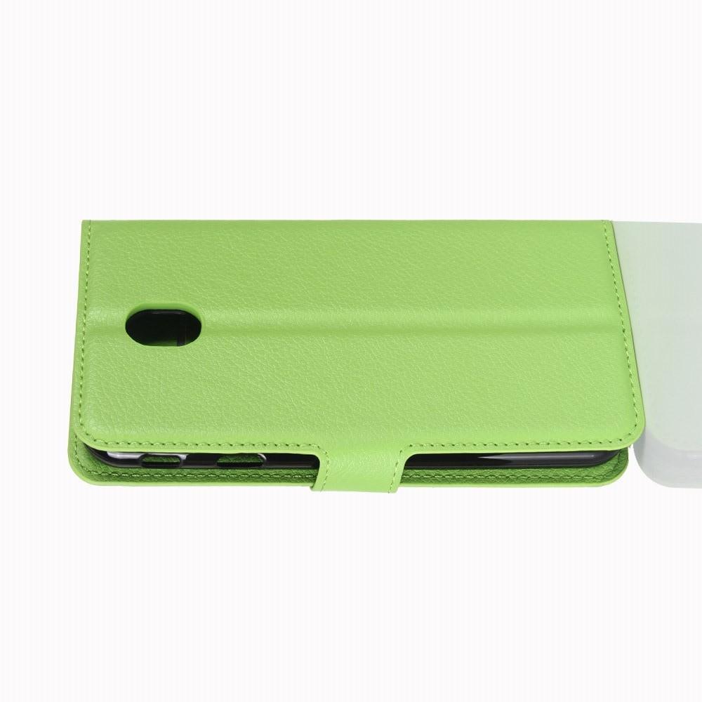 Флип чехол книжка с кошельком подставкой отделениями для карт и магнитной застежкой для Samsung Galaxy J7 2018 Зеленый