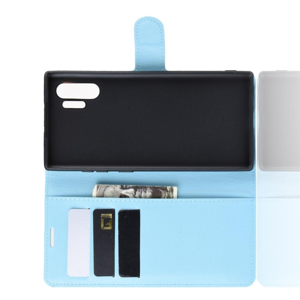 Флип чехол книжка с кошельком подставкой отделениями для карт и магнитной застежкой для Samsung Galaxy Note 10 Plus Голубой