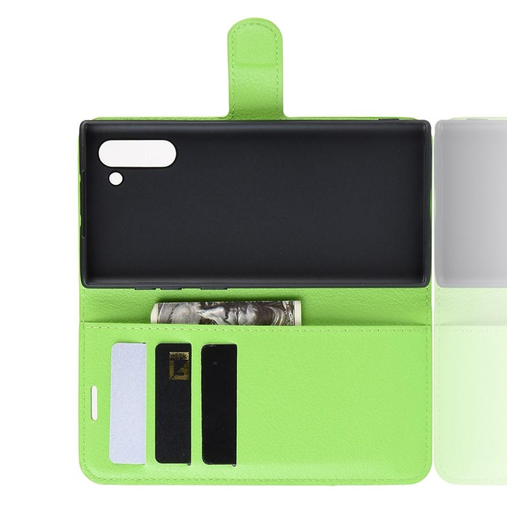 Флип чехол книжка с кошельком подставкой отделениями для карт и магнитной застежкой для Samsung Galaxy Note 10 Зеленый