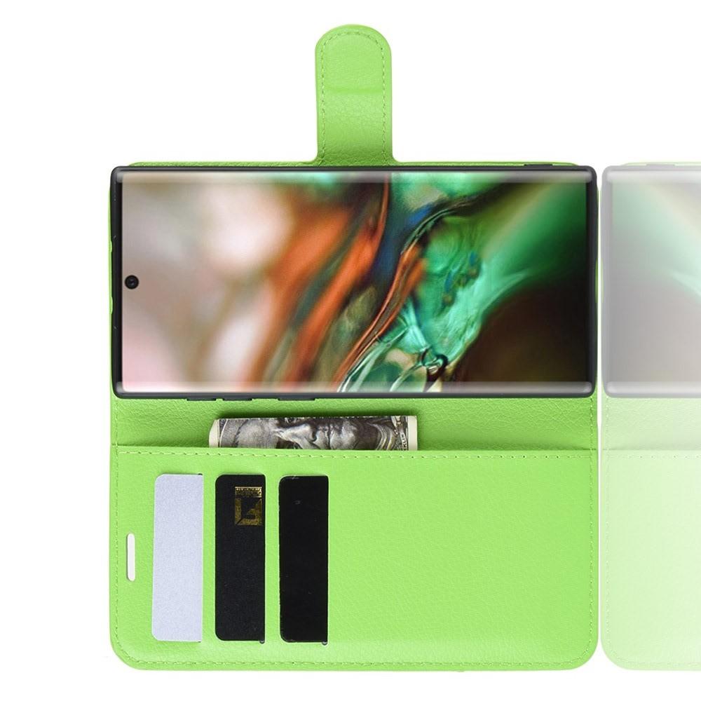 Флип чехол книжка с кошельком подставкой отделениями для карт и магнитной застежкой для Samsung Galaxy Note 10 Зеленый