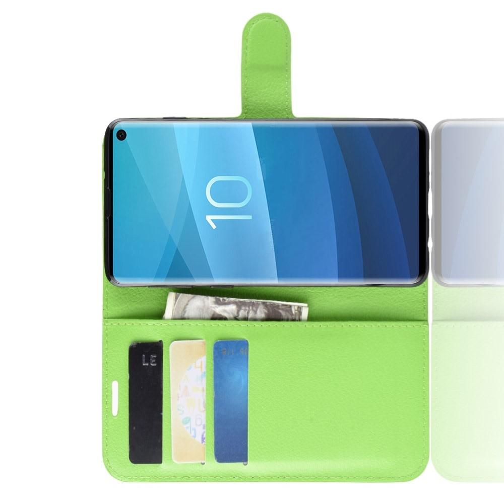 Флип чехол книжка с кошельком подставкой отделениями для карт и магнитной застежкой для Samsung Galaxy S10 Зеленый