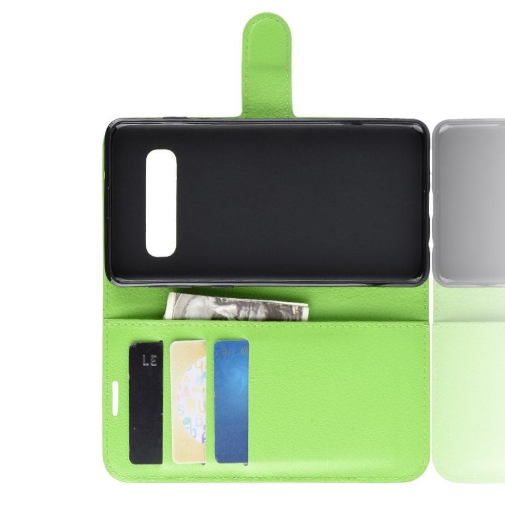 Флип чехол книжка с кошельком подставкой отделениями для карт и магнитной застежкой для Samsung Galaxy S10 Plus Зеленый