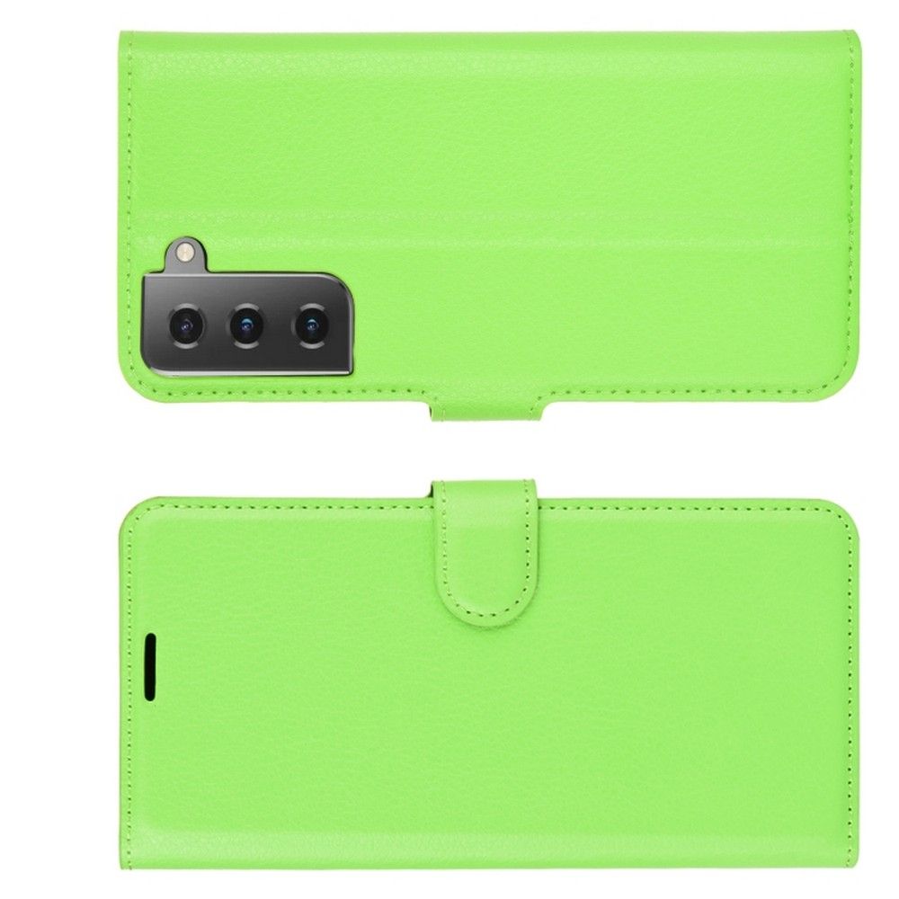 Флип чехол книжка с кошельком подставкой отделениями для карт и магнитной застежкой для Samsung Galaxy S21 Зеленый