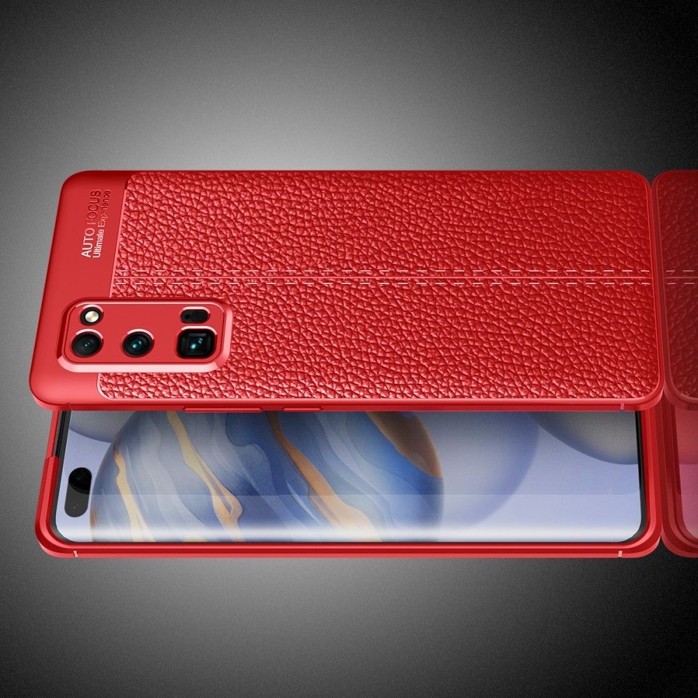 Litchi Grain Leather Силиконовый Накладка Чехол для Huawei Honor 30 Pro с Текстурой Кожа Красный