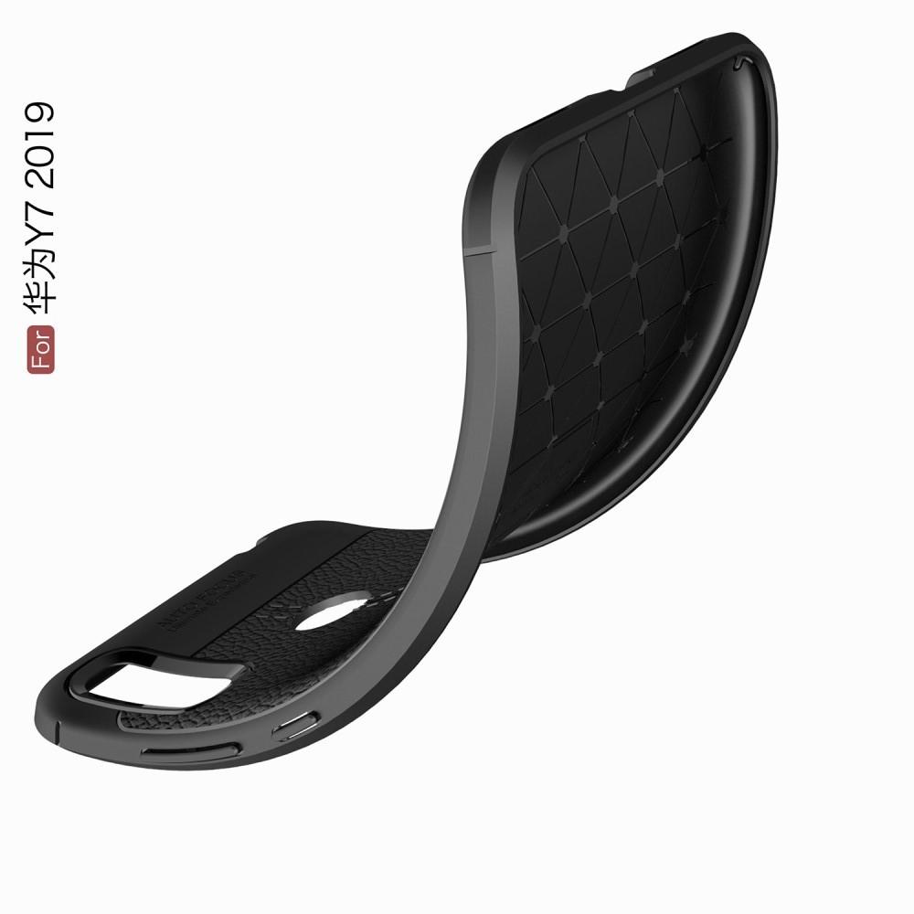 Litchi Grain Leather Силиконовый Накладка Чехол для Huawei Y7 2019 с Текстурой Кожа Черный