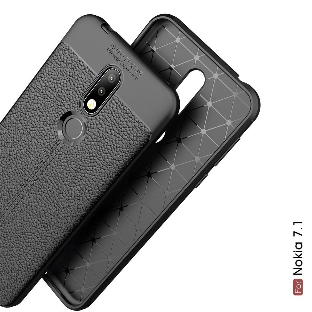 Litchi Grain Leather Силиконовый Накладка Чехол для Nokia 7.1 с Текстурой Кожа Черный