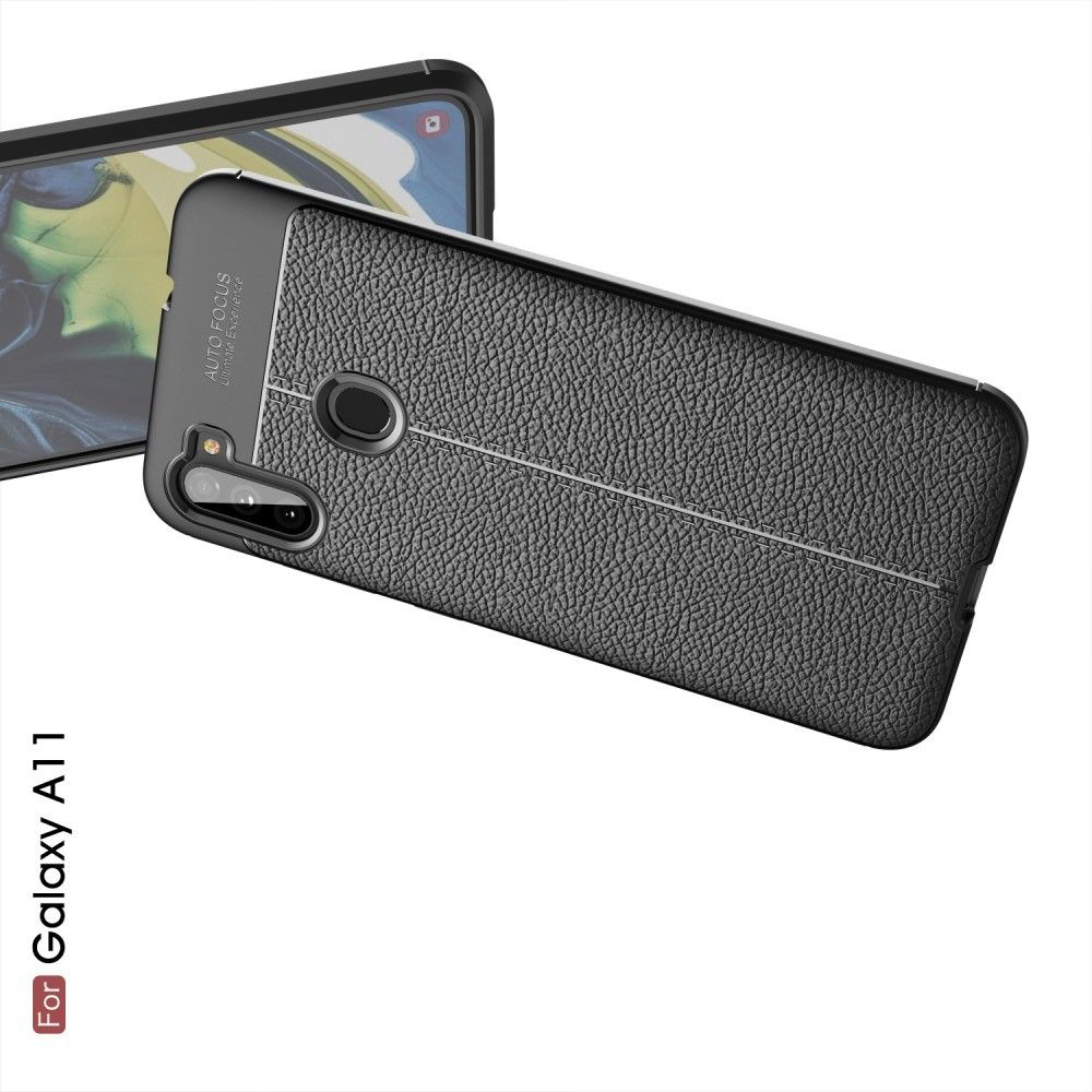Litchi Grain Leather Силиконовый Накладка Чехол для Samsung Galaxy A11 с Текстурой Кожа Черный