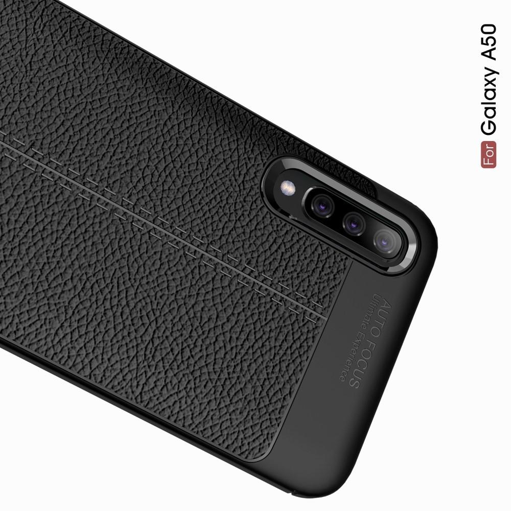 Litchi Grain Leather Силиконовый Накладка Чехол для Samsung Galaxy A50 с Текстурой Кожа Черный