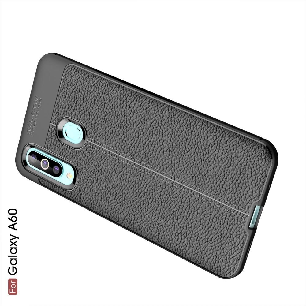 Litchi Grain Leather Силиконовый Накладка Чехол для Samsung Galaxy A60 с Текстурой Кожа Черный