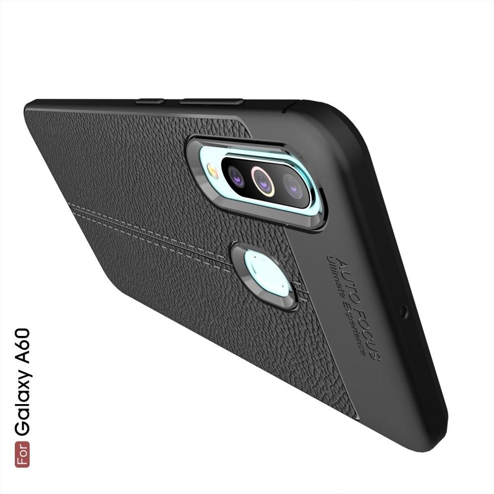 Litchi Grain Leather Силиконовый Накладка Чехол для Samsung Galaxy A60 с Текстурой Кожа Черный
