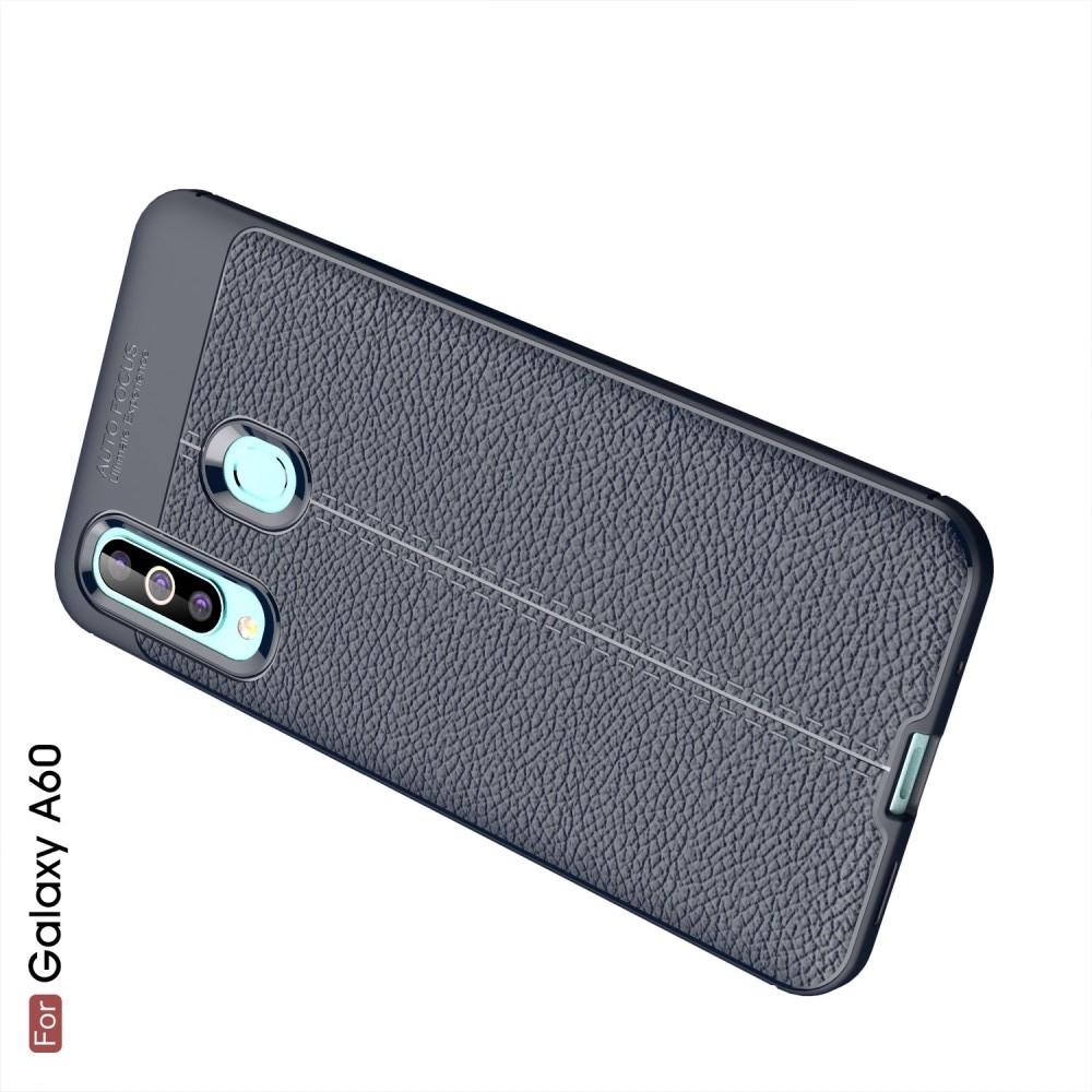 Litchi Grain Leather Силиконовый Накладка Чехол для Samsung Galaxy A60 с Текстурой Кожа Синий