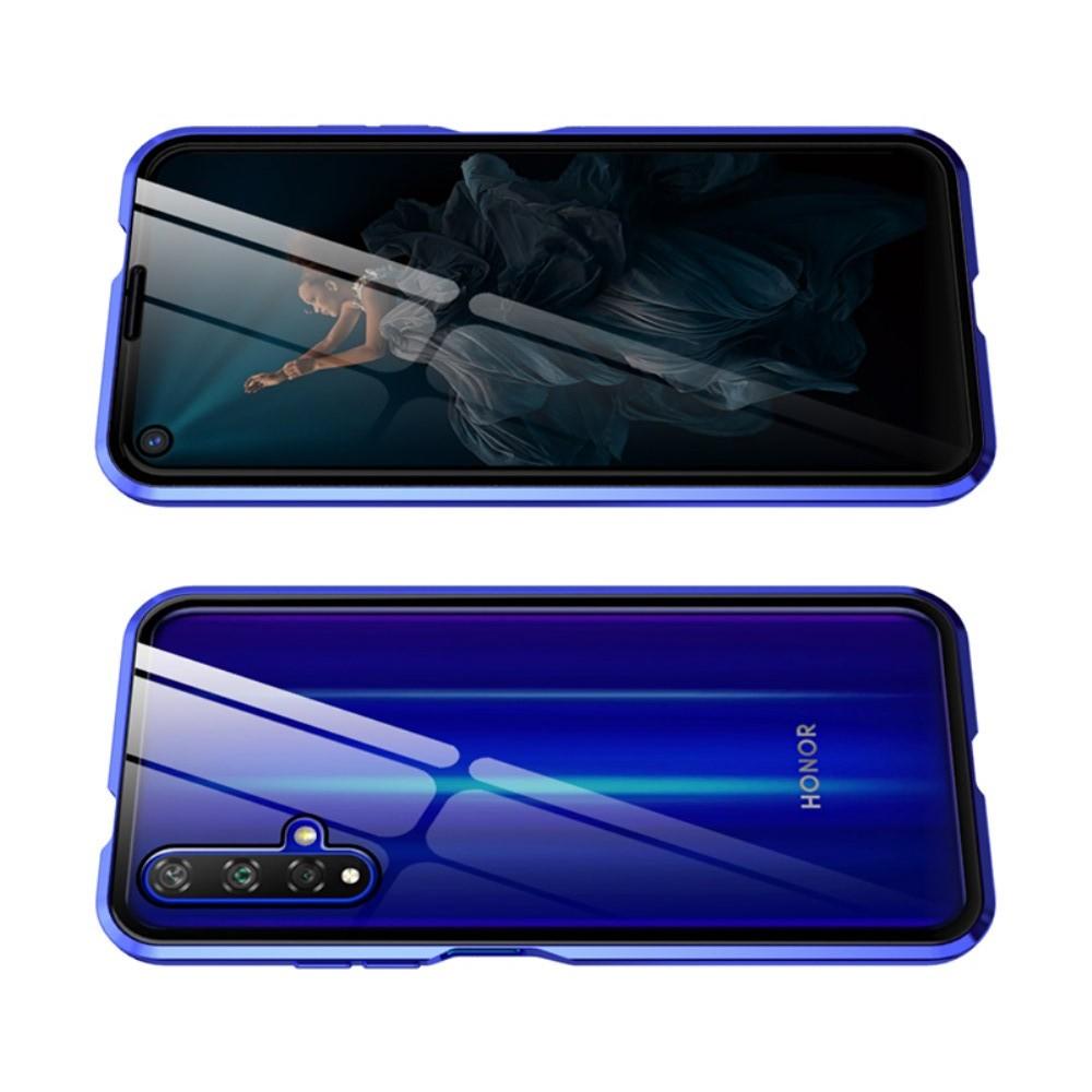 Металлический Магнитный Чехол Бампер с Закаленным Стеклом Huawei Honor 20 Синий