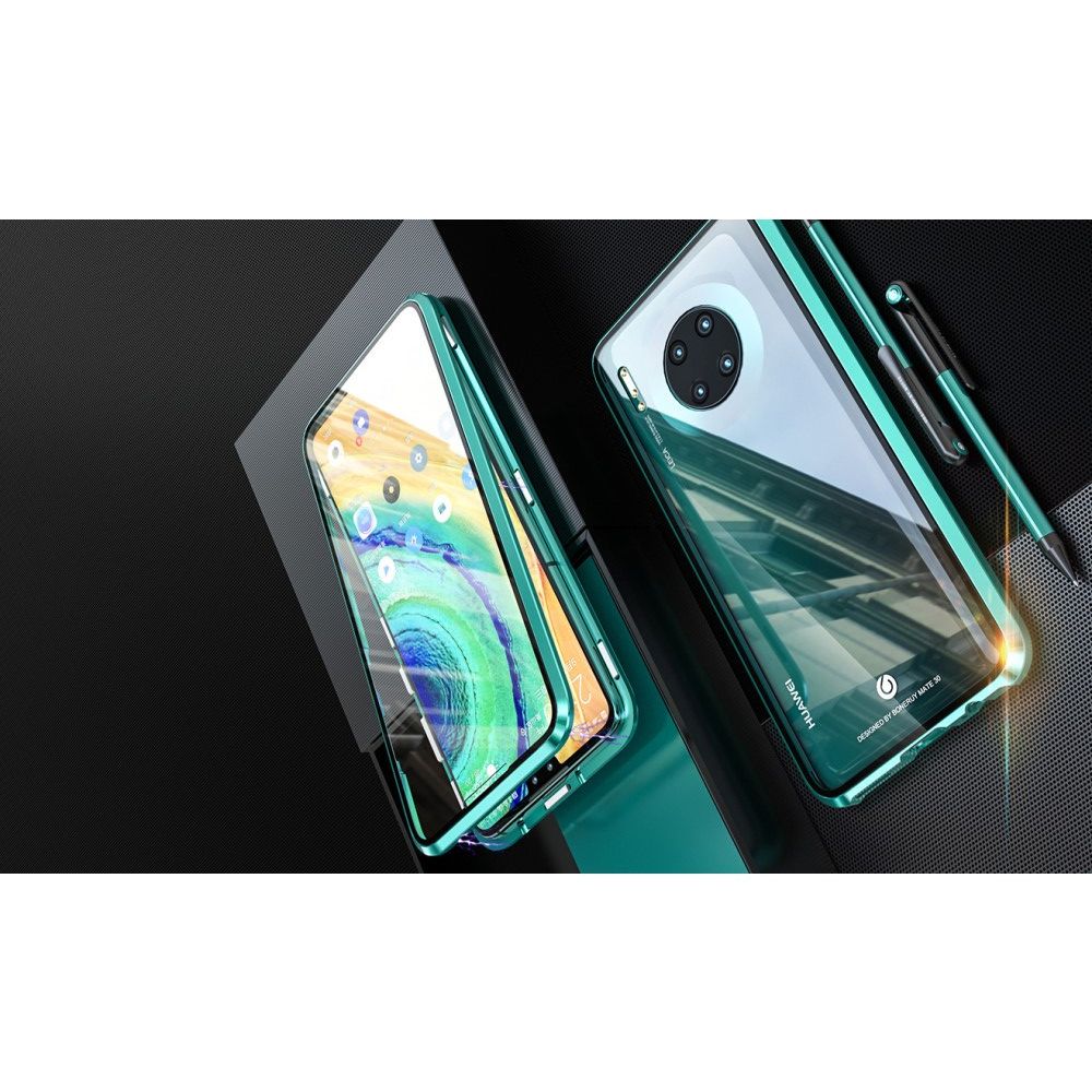 Металлический Магнитный Чехол Бампер с Закаленным Стеклом Huawei Mate 30 Зеленый