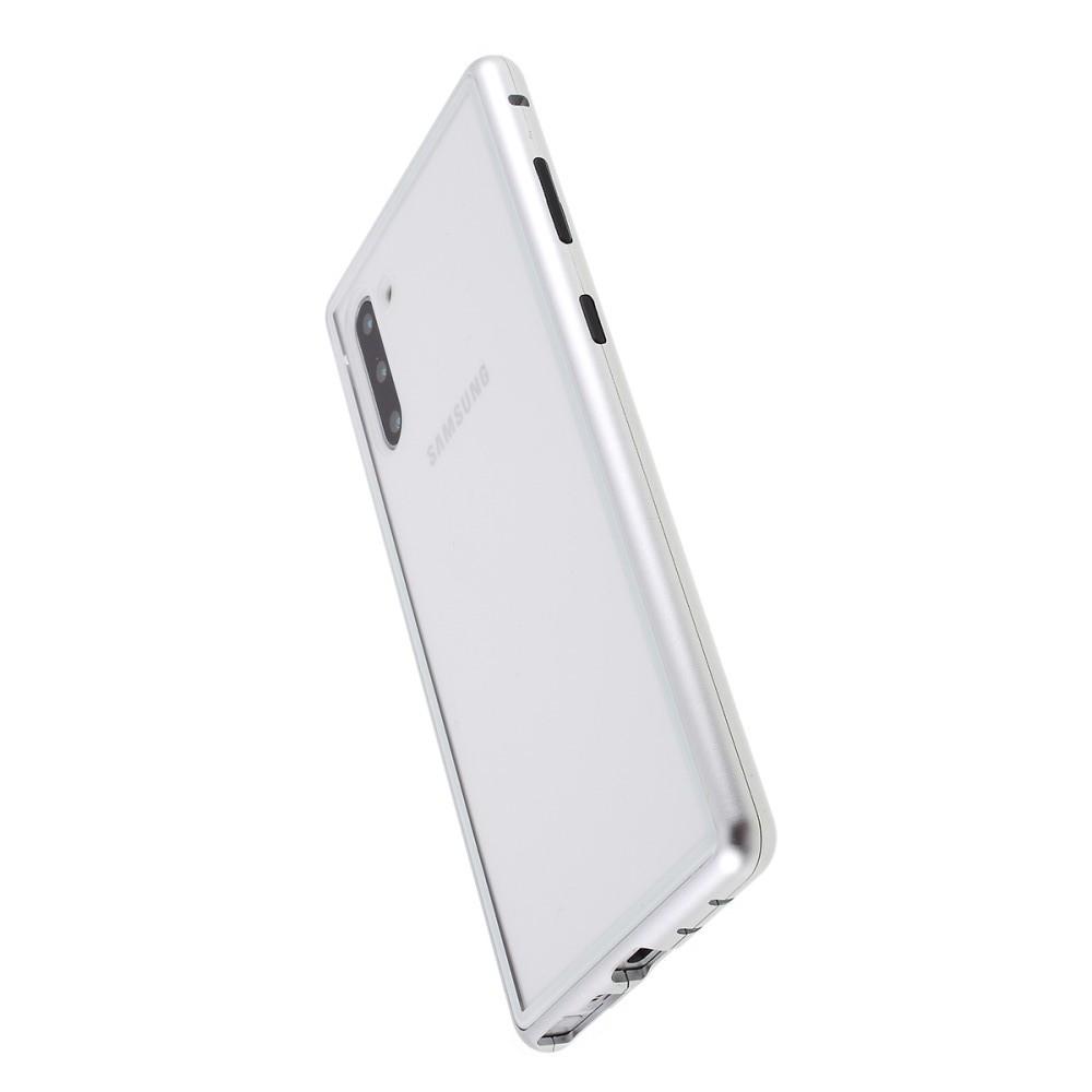 Металлический Магнитный Чехол Бампер с Закаленным Стеклом Samsung Galaxy Note 10 Серебряный