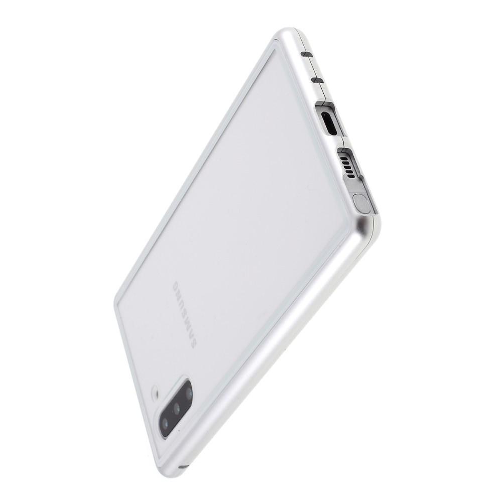 Металлический Магнитный Чехол Бампер с Закаленным Стеклом Samsung Galaxy Note 10 Серебряный