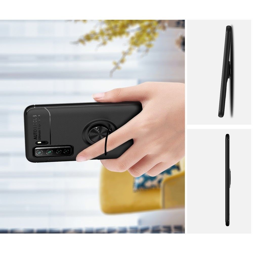 Силиконовый Чехол для Магнитного Держателя с Кольцом для Пальца Подставкой для Huawei Honor 30S Синий / Черный