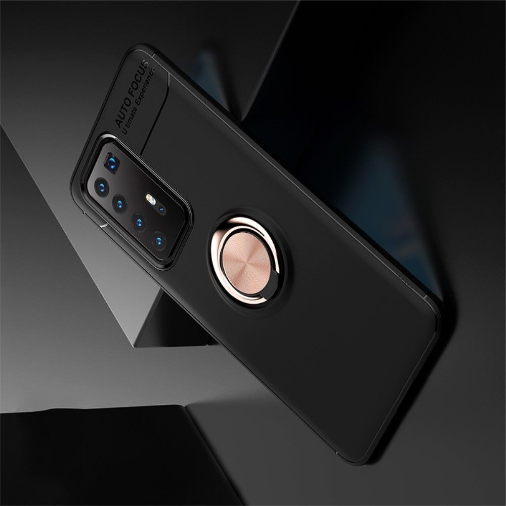 Силиконовый Чехол для Магнитного Держателя с Кольцом для Пальца Подставкой для Huawei P40 Pro+ / Pro Plus Розовое Золото / Черный