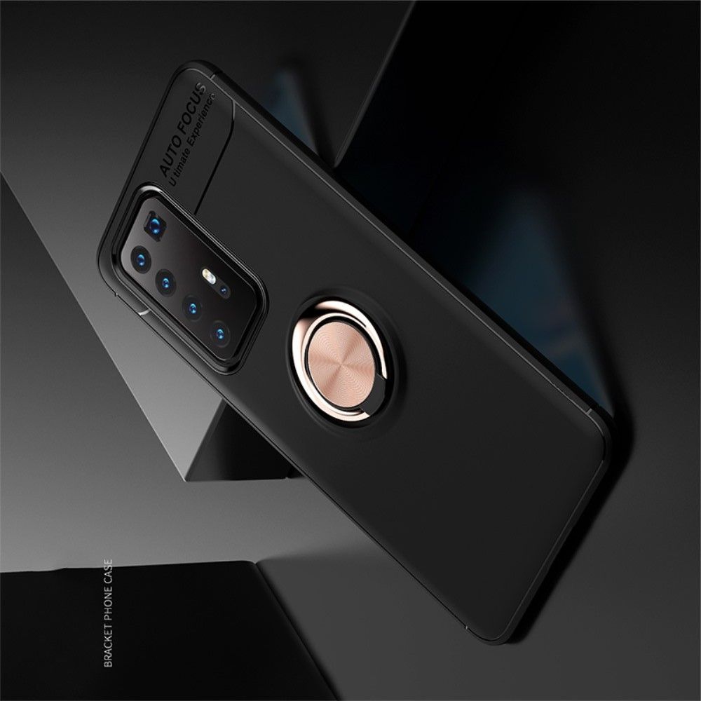 Силиконовый Чехол для Магнитного Держателя с Кольцом для Пальца Подставкой для Huawei P40 Pro Розовое Золото / Черный