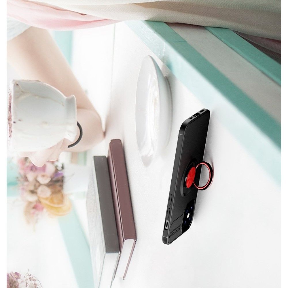 Силиконовый Чехол для Магнитного Держателя с Кольцом для Пальца Подставкой для iPhone 12 mini Красный / Черный