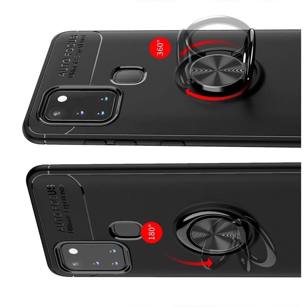 Силиконовый Чехол для Магнитного Держателя с Кольцом для Пальца Подставкой для Samsung Galaxy A21s Красный / Черный