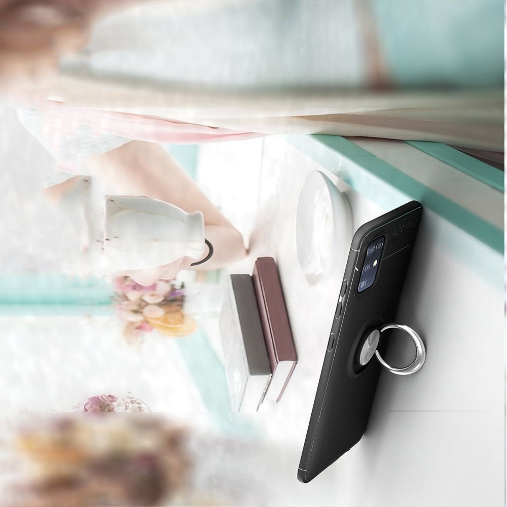 Силиконовый Чехол для Магнитного Держателя с Кольцом для Пальца Подставкой для Samsung Galaxy A51 Черный