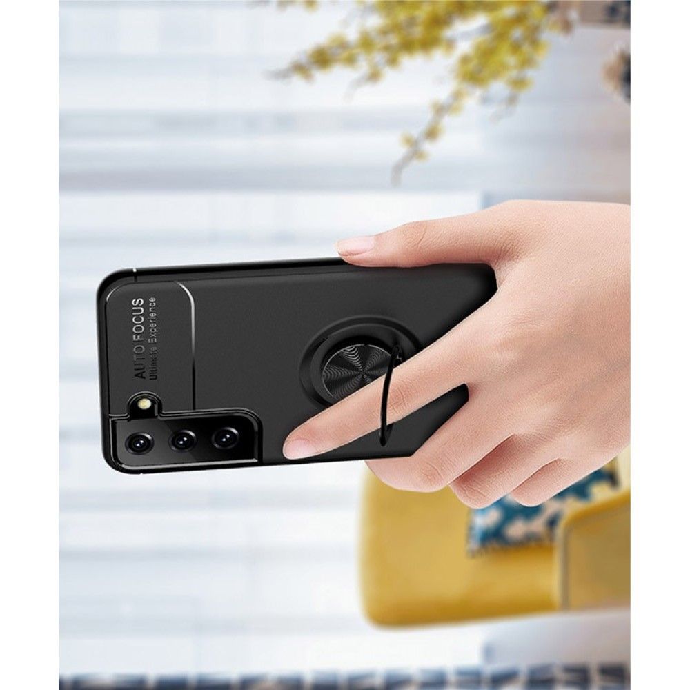Силиконовый Чехол для Магнитного Держателя с Кольцом для Пальца Подставкой для Samsung Galaxy S21 Черный