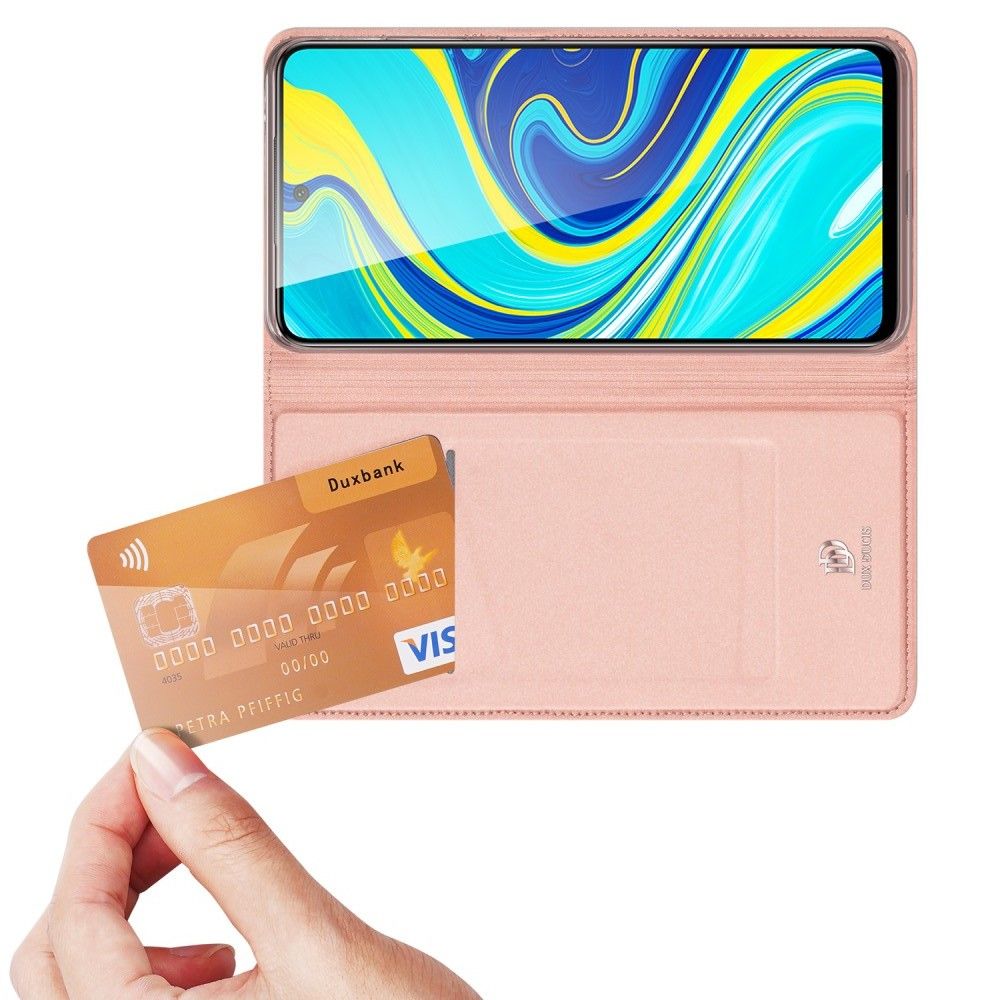 Тонкий Флип Чехол Книжка с Скрытым Магнитом и Отделением для Карты для Xiaomi Redmi Note 9 Pro Розовый